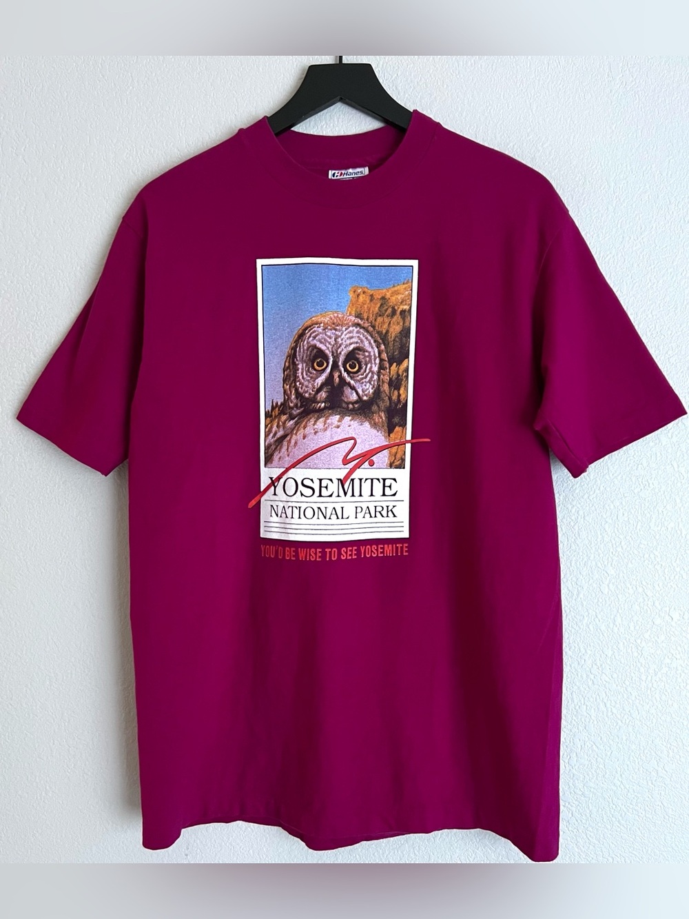Vintage 90s Yosemite National Park Owl T Shirt Size L Magenta
